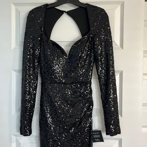 NEW LuLus Endless Celebration Black Sequin Backless Long Sleeve Maxi Dress